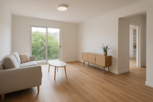 Tecnico prende misure con laser in appartamento da ristrutturare